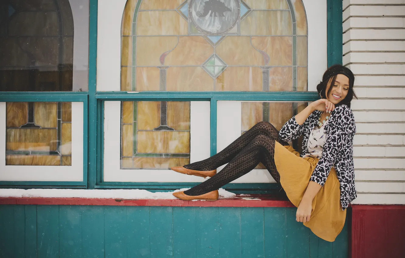 Photo wallpaper girl, snow, decoration, pose, smile, skirt, sitting