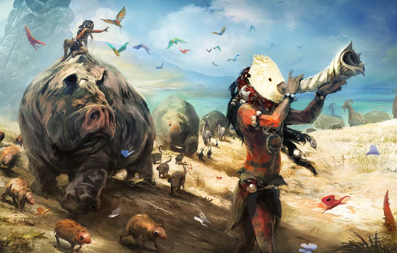 Photo wallpaper children, animal, mask, art, horn, aboriginal, project dust