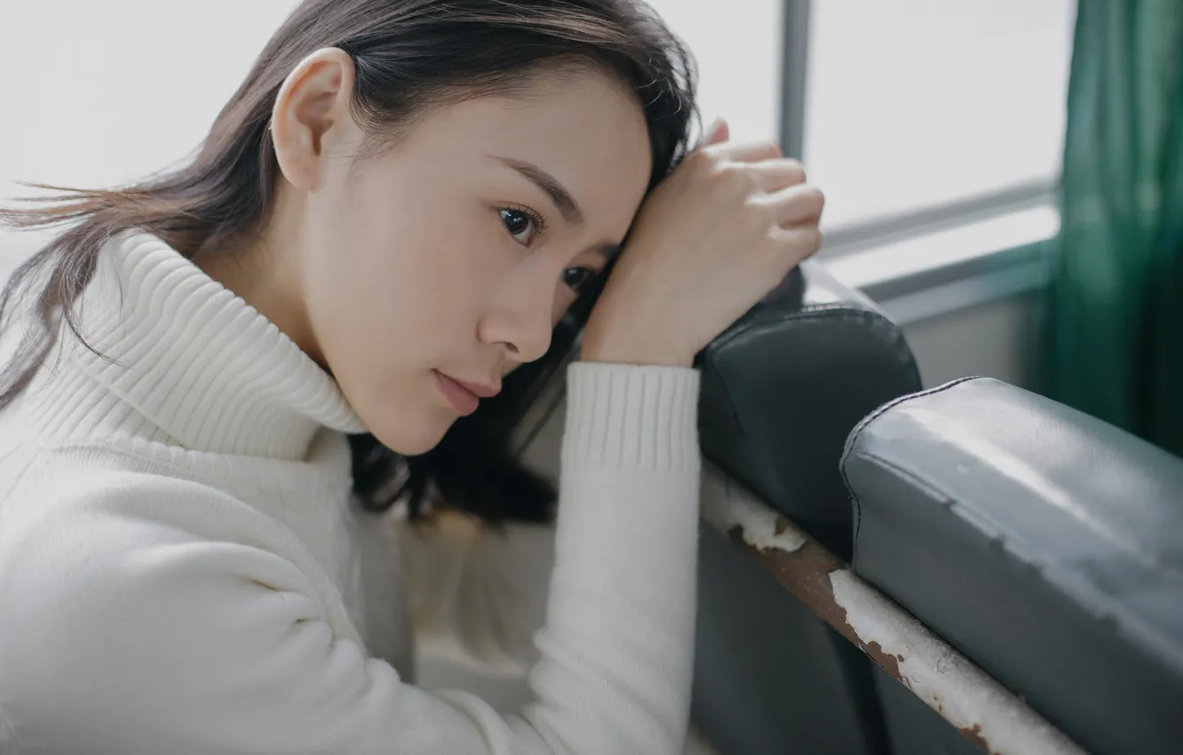 Photo wallpaper woman, beautiful, model, pretty, cute, bus, sitting, travel