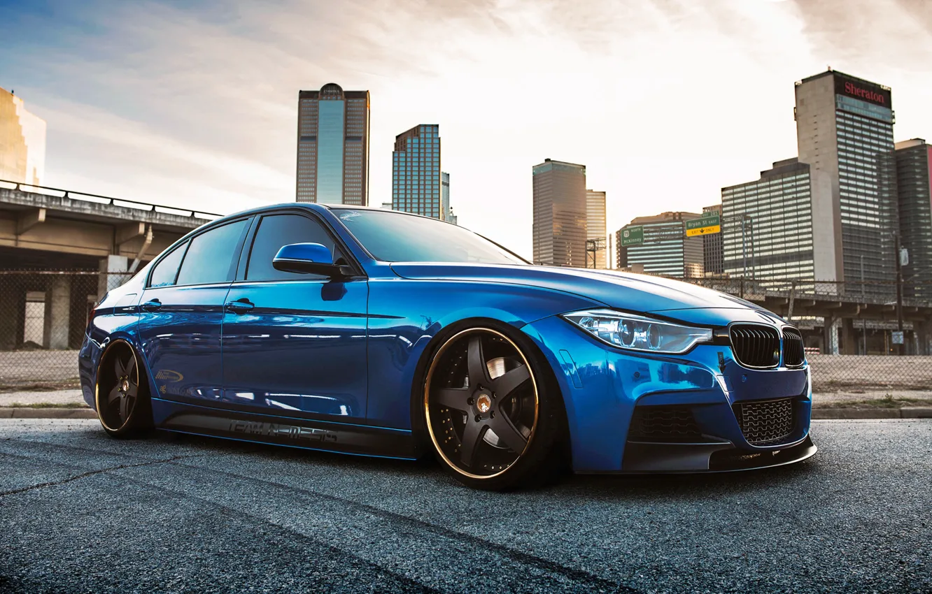 Photo wallpaper BMW, blue, 335i, stance, f30, frontside