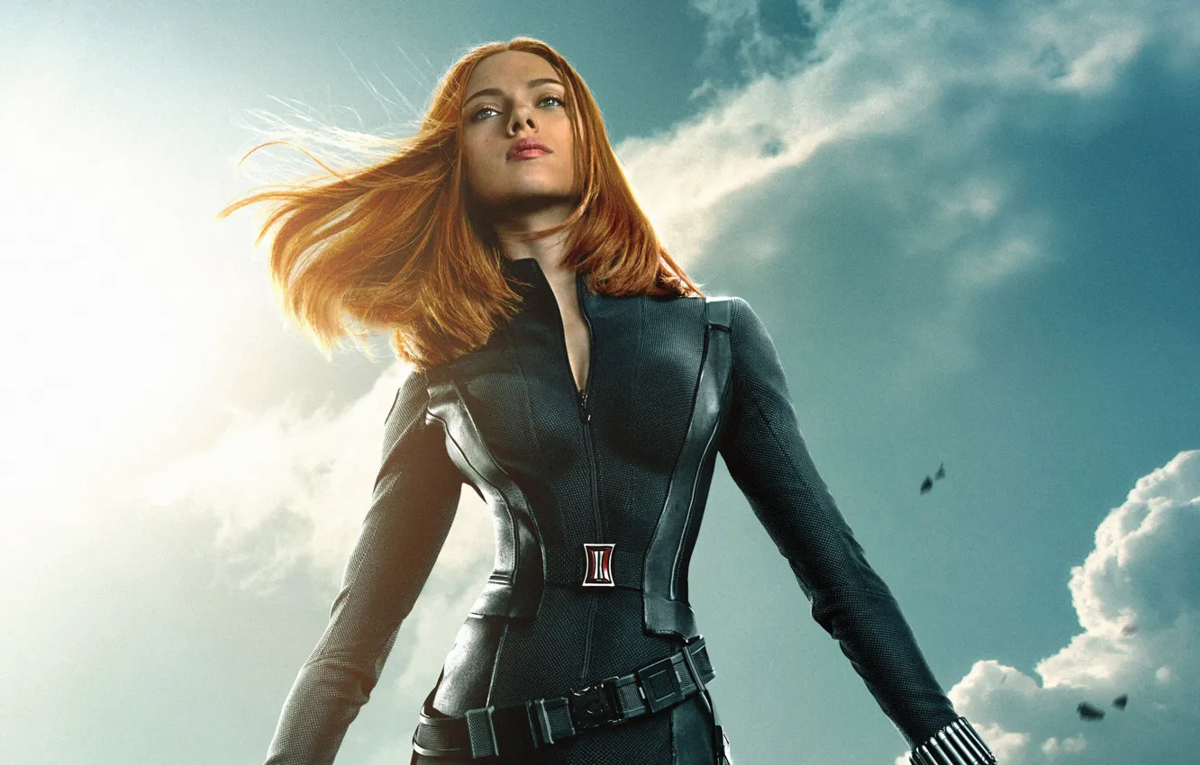 Photo wallpaper Scarlett Johansson, cinema, sky, clouds, Marvel, movie, Captain America, film