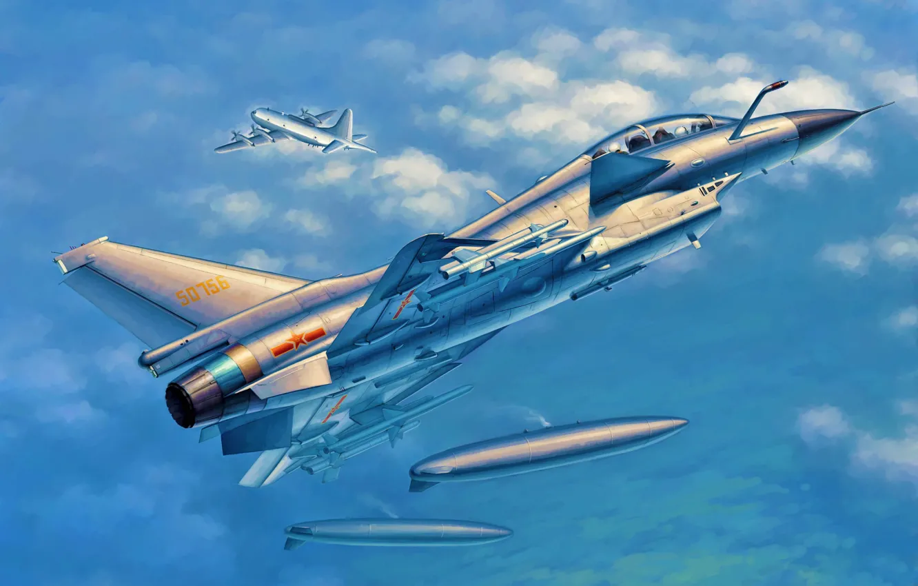 Photo wallpaper art, airplane, painting, jet, Chengdu J-10