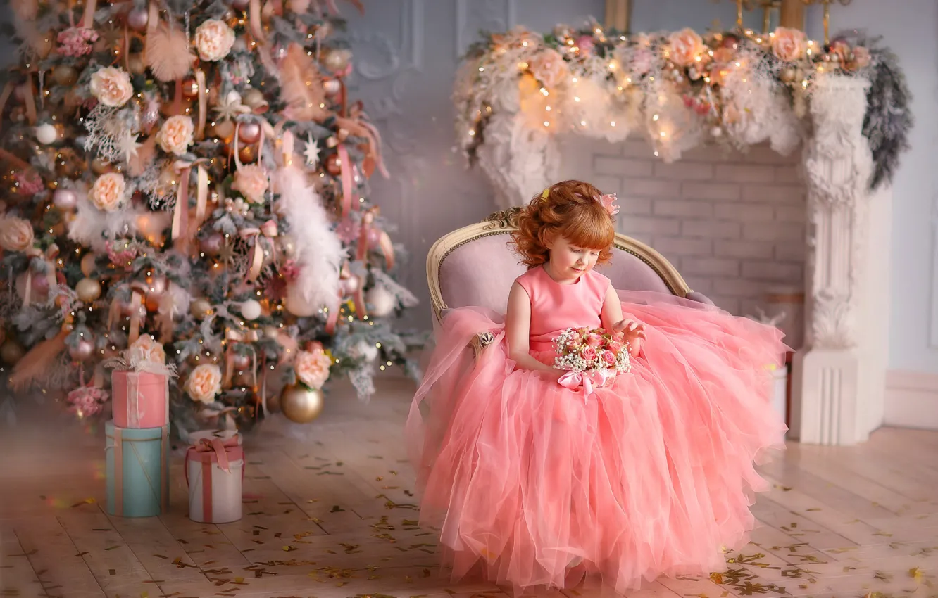 Photo wallpaper flowers, dress, girl, gifts, New year, tree, fireplace, a bunch