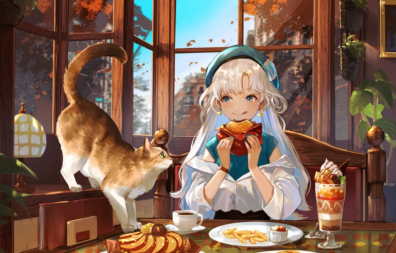 Photo wallpaper the tea party, girl, dessert, takes, hamburger, window, fluffy cat, a Cup of coffee