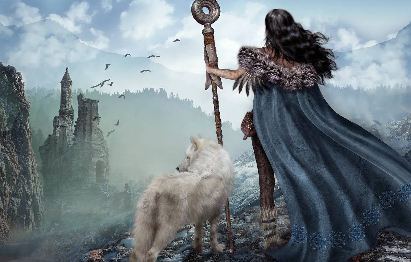 Photo wallpaper girl, nature, rendering, wolf, the ruins