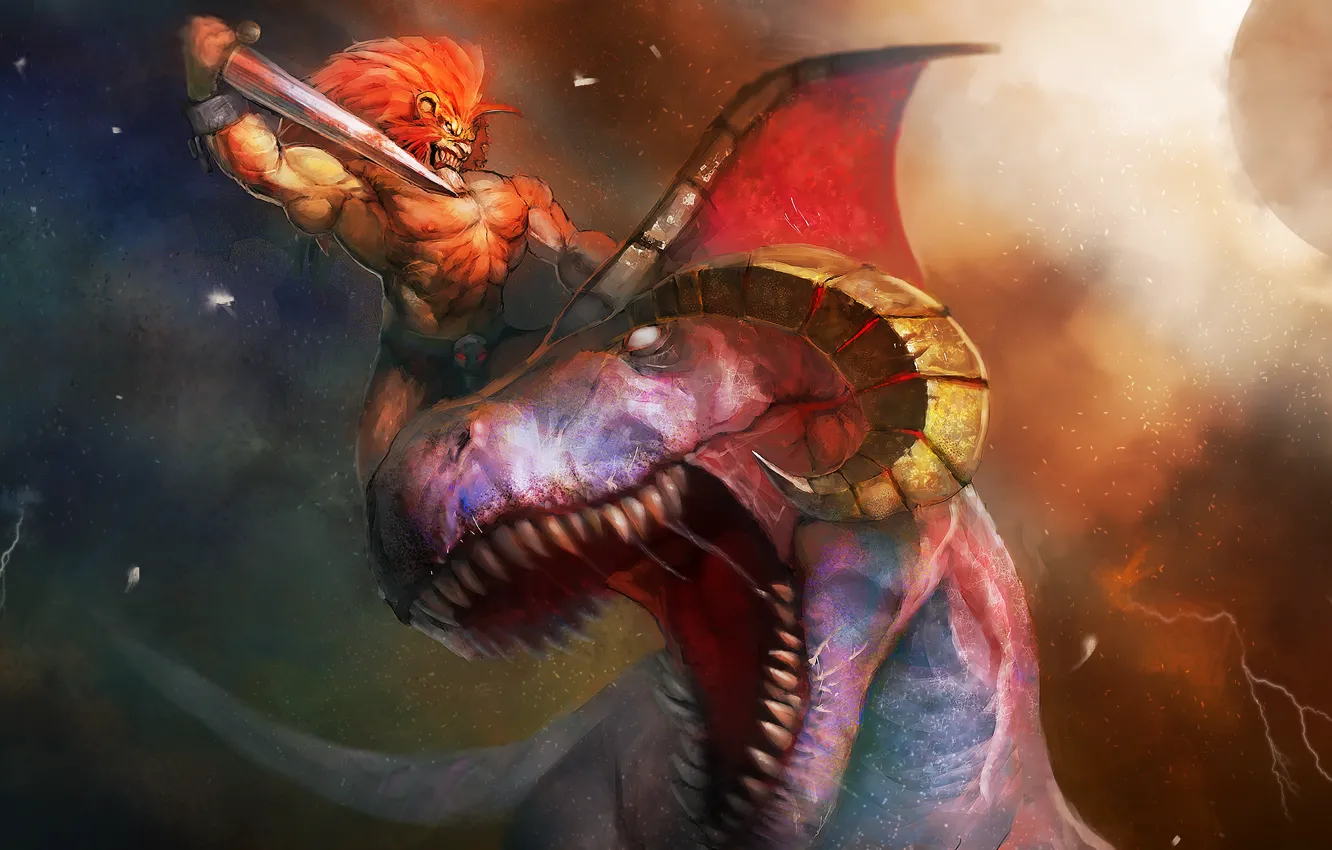 Photo wallpaper dinosaur, sword, Leo, warrior, horns, battle