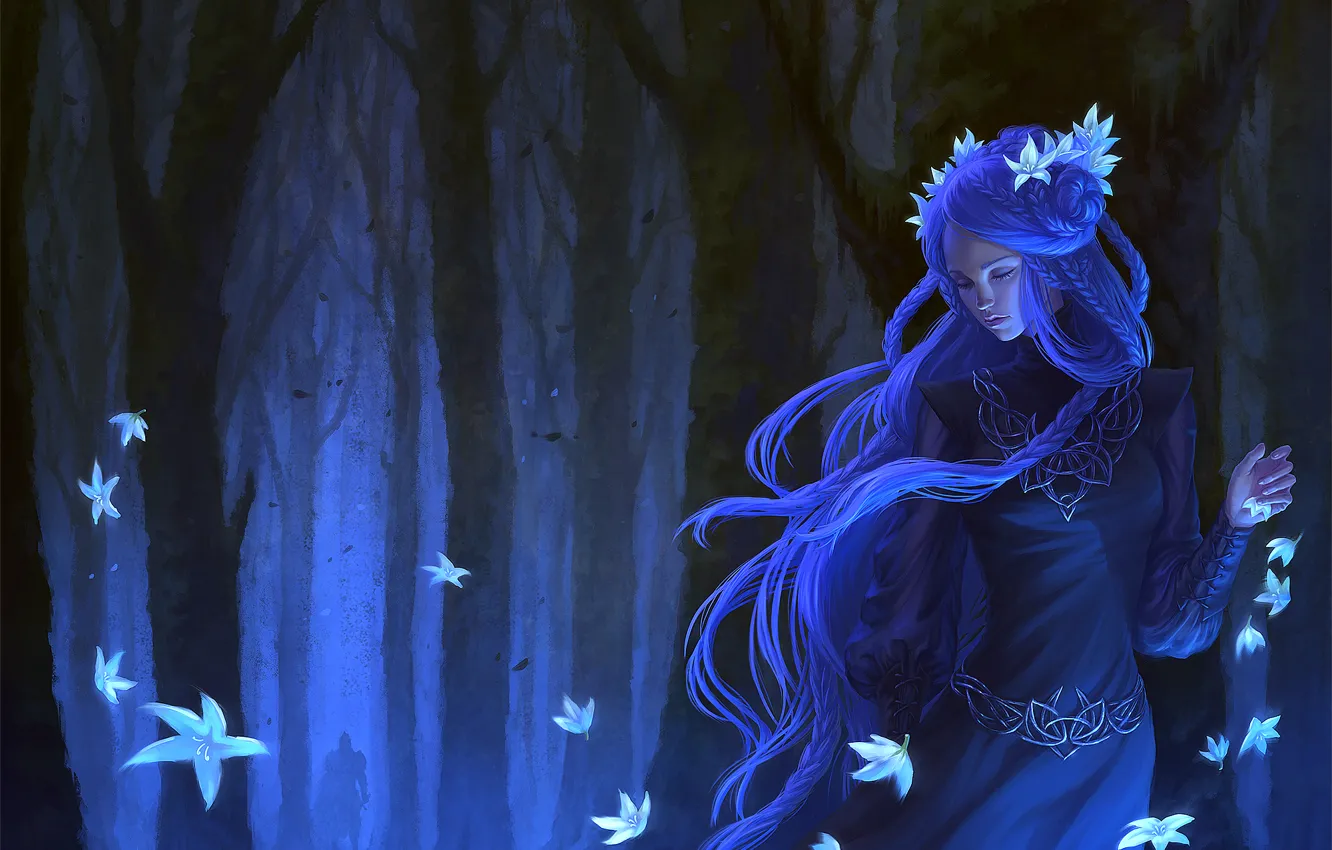 Photo wallpaper forest, girl, trees, flowers, dress, art, braids, fantasy