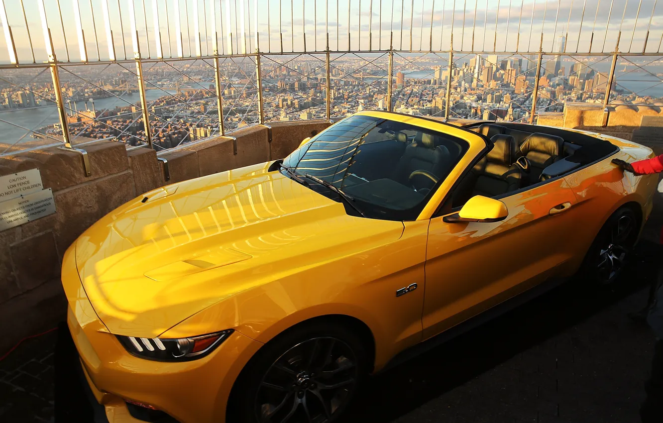 Photo wallpaper Sunset, Mustang, Ford, The sky, Clouds, The city, View, Convertible