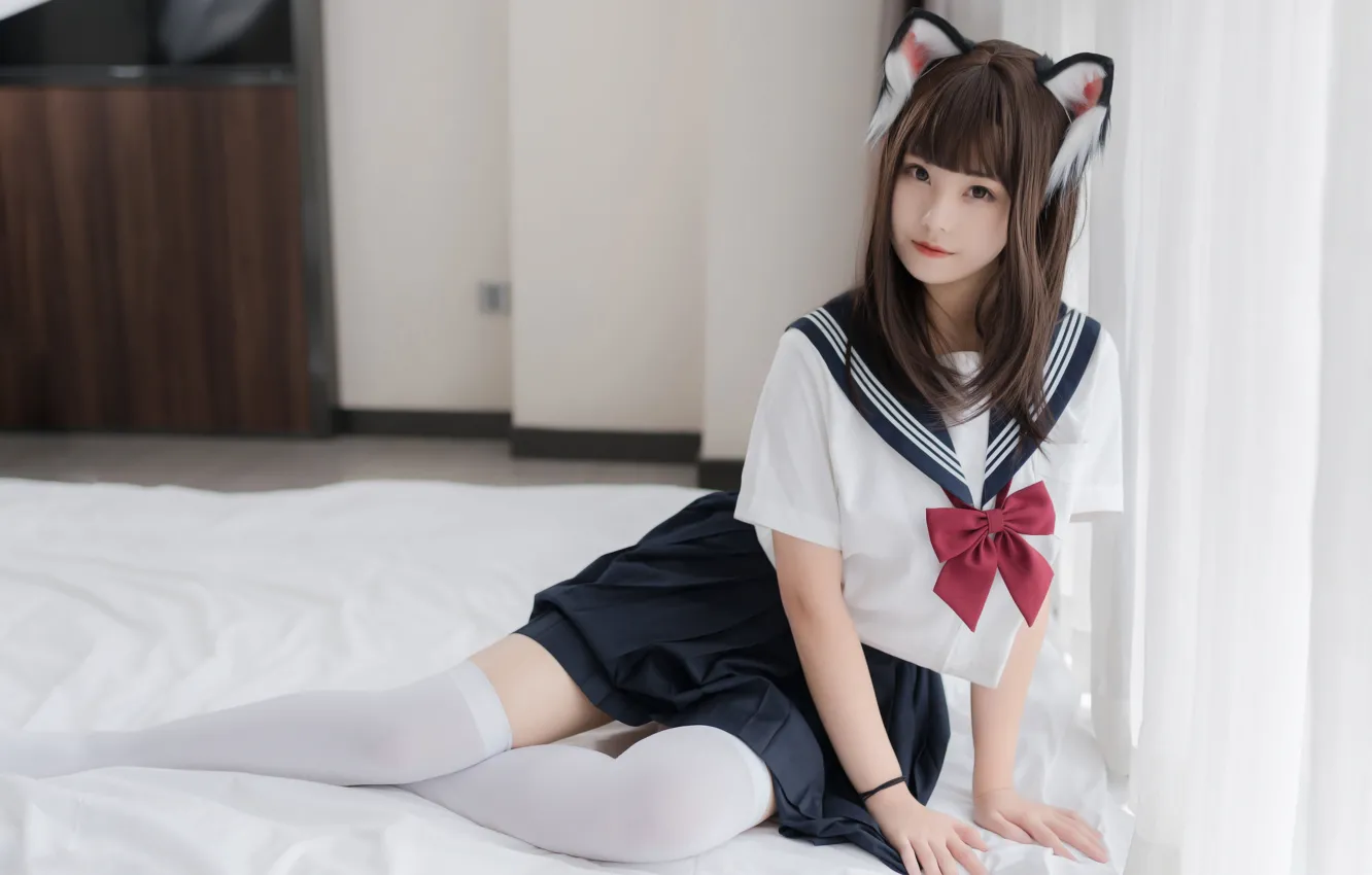 Photo wallpaper girl, school uniform, thighhighs, long hair, beautiful, pretty, cosplay, brunette