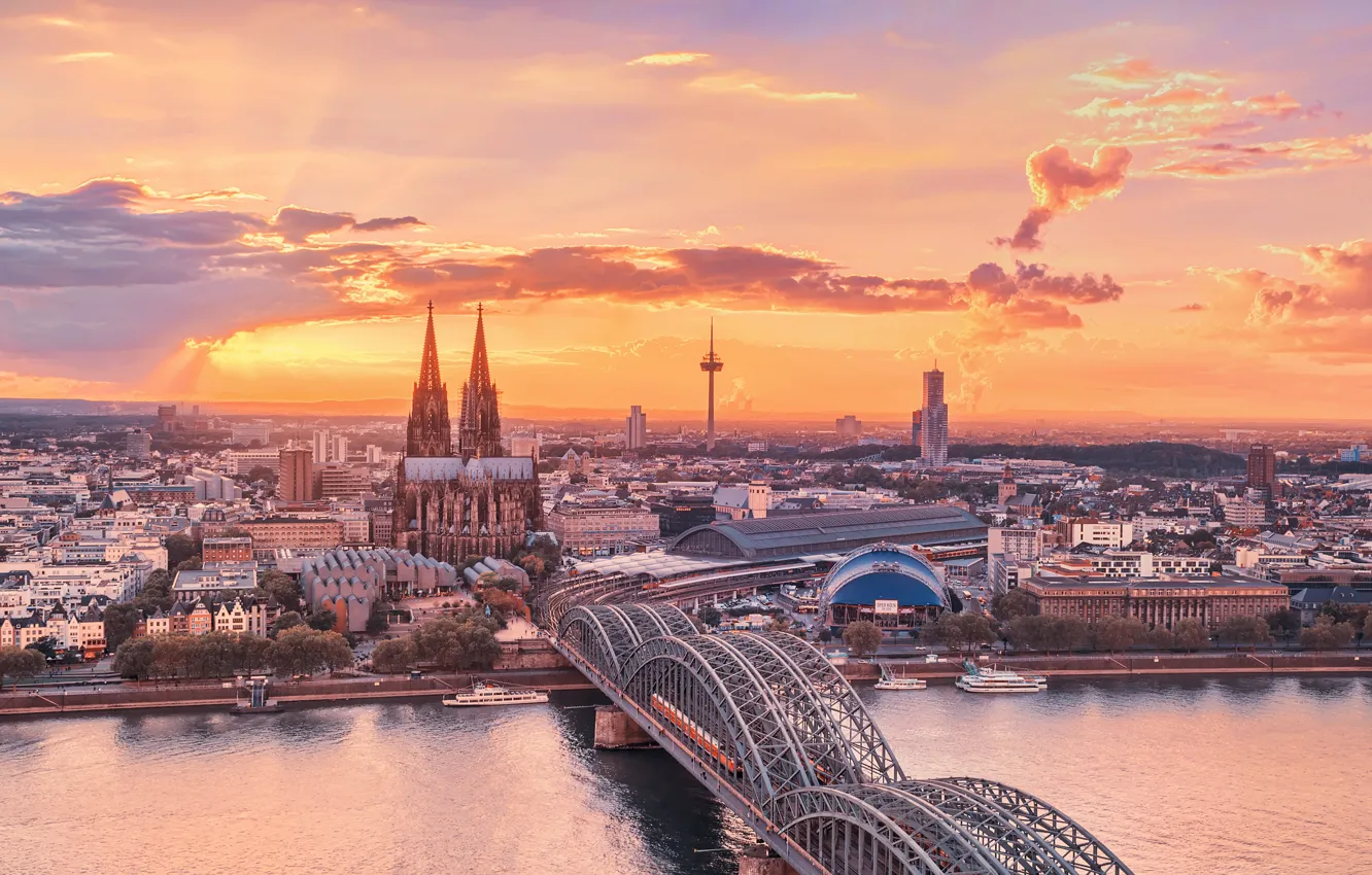 Photo wallpaper the sky, sunset, bridge, the city, river, Cathedral, Germany, Rhine