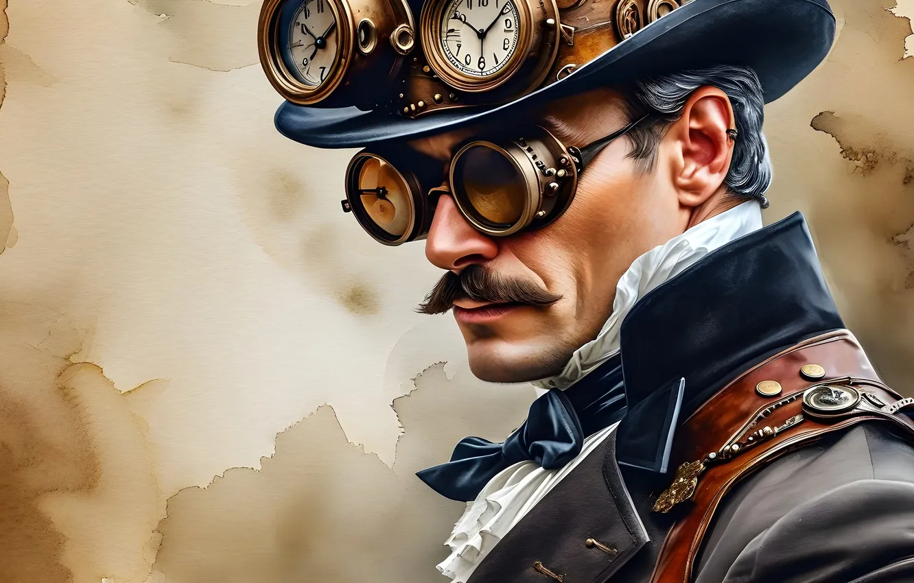 Photo wallpaper hat, glasses, steampunk, male, AI art, neural network