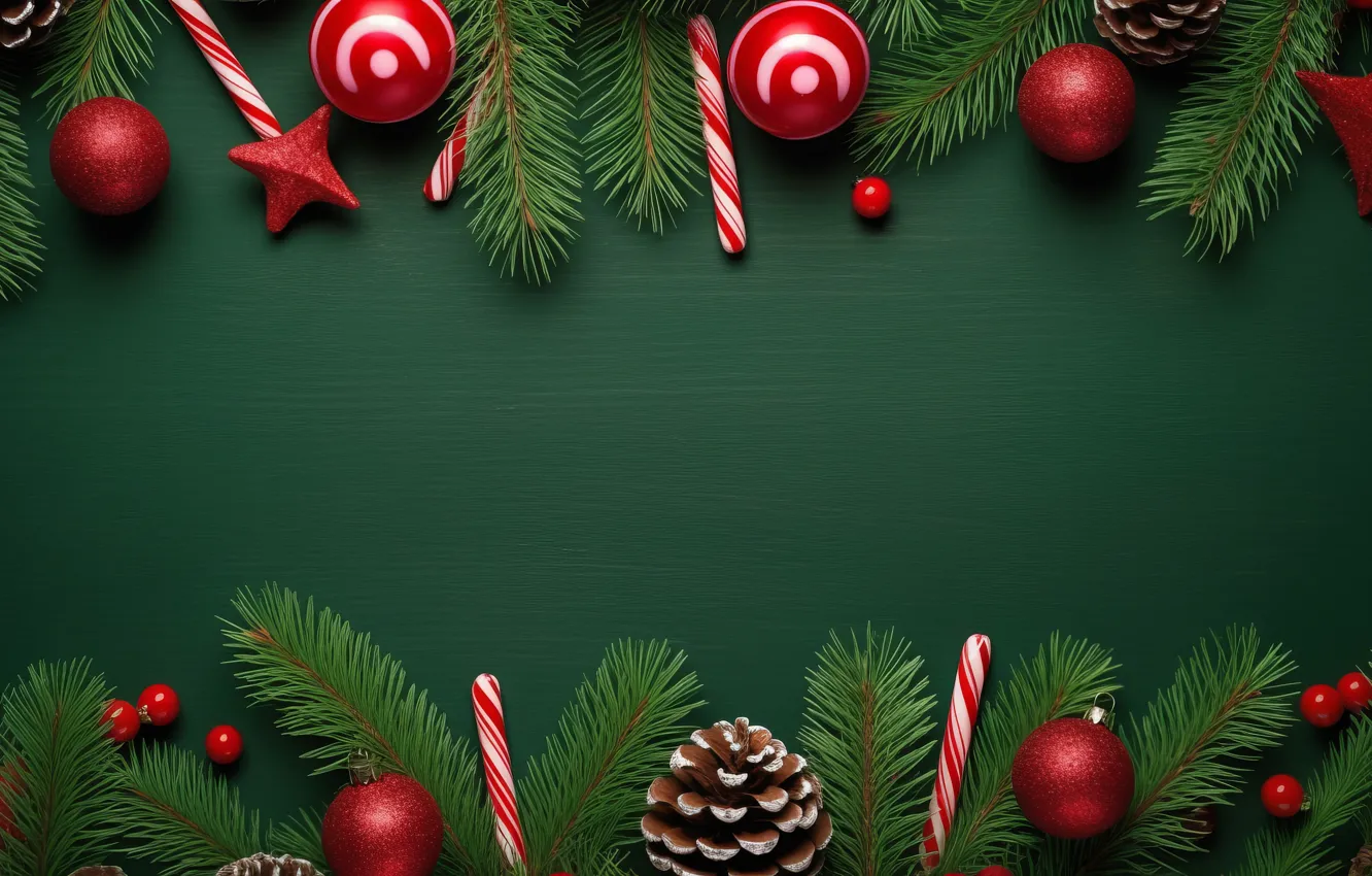 Photo wallpaper balls, branches, red, new year, Christmas, needles, bumps, green background