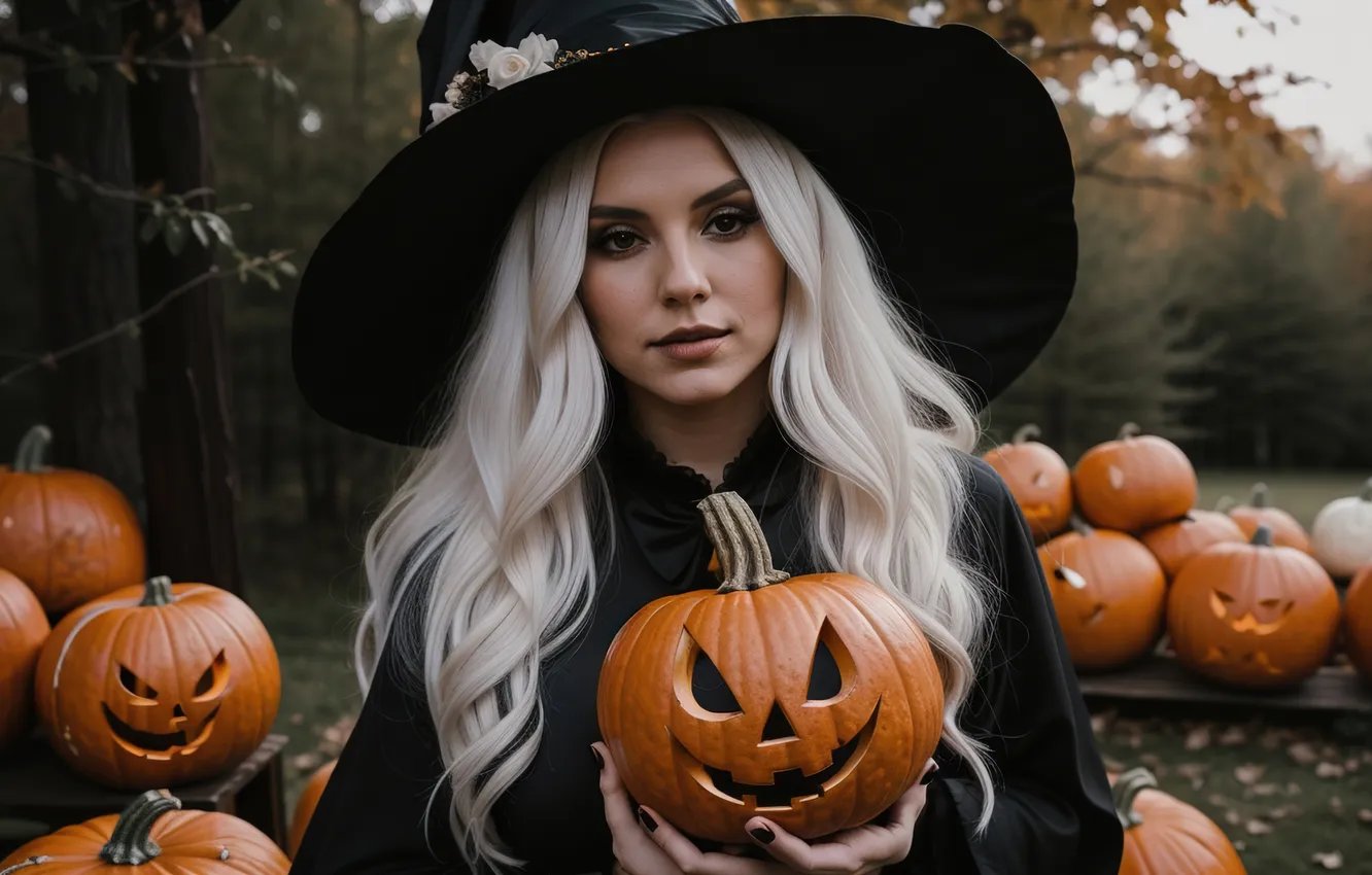 Photo wallpaper autumn, holiday, hat, makeup, blonde, pumpkin, Halloween, witch