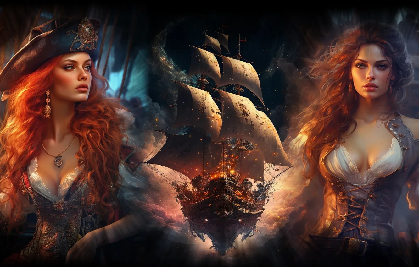 Photo wallpaper girl, collage, ship, red hair, pirates, pirate ship