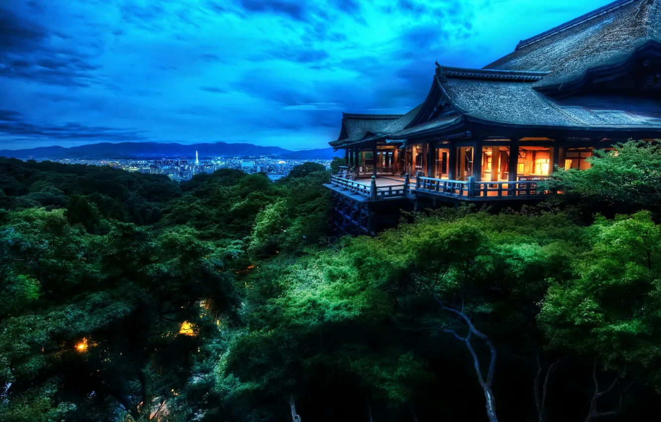 Photo wallpaper clouds, trees, house, Japan, Kyoto