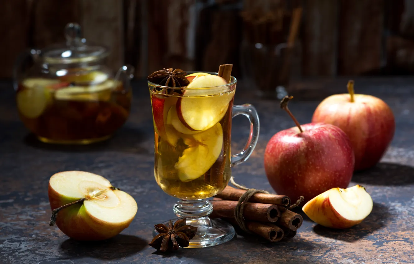 Photo wallpaper apples, mug, drink, cinnamon, Apple tea