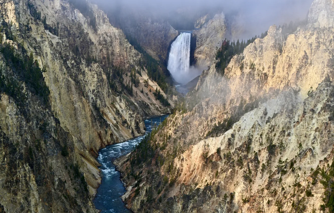 Photo wallpaper mountains, river, beauty, water flows, Svetlana Povarova Ree, Waterfall in the fog