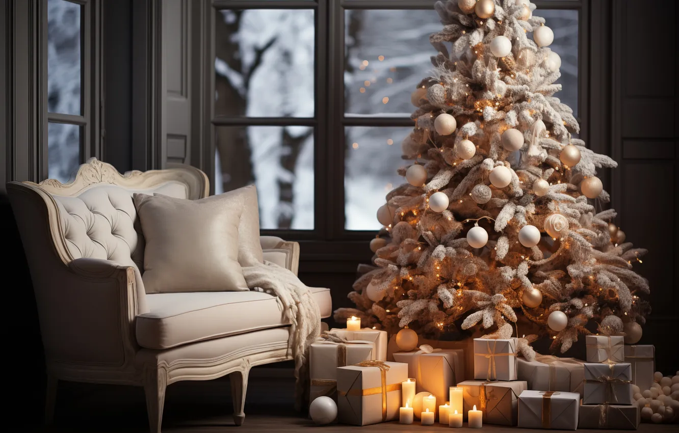 Photo wallpaper decoration, room, tree, interior, Christmas, gifts, New year, Christmas