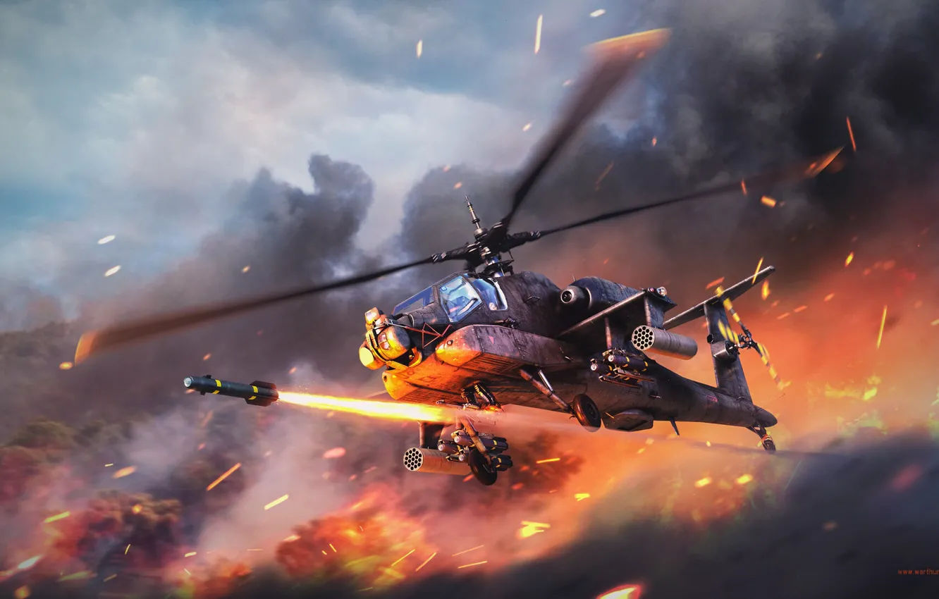 Photo wallpaper fire, fire, war, helicopter, War Thunder, Attack Helicopter
