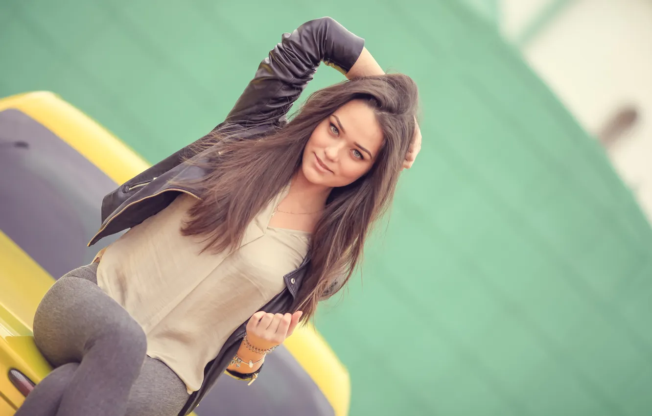 Photo wallpaper car, long hair, woman, young, beautiful, model, look, jacket