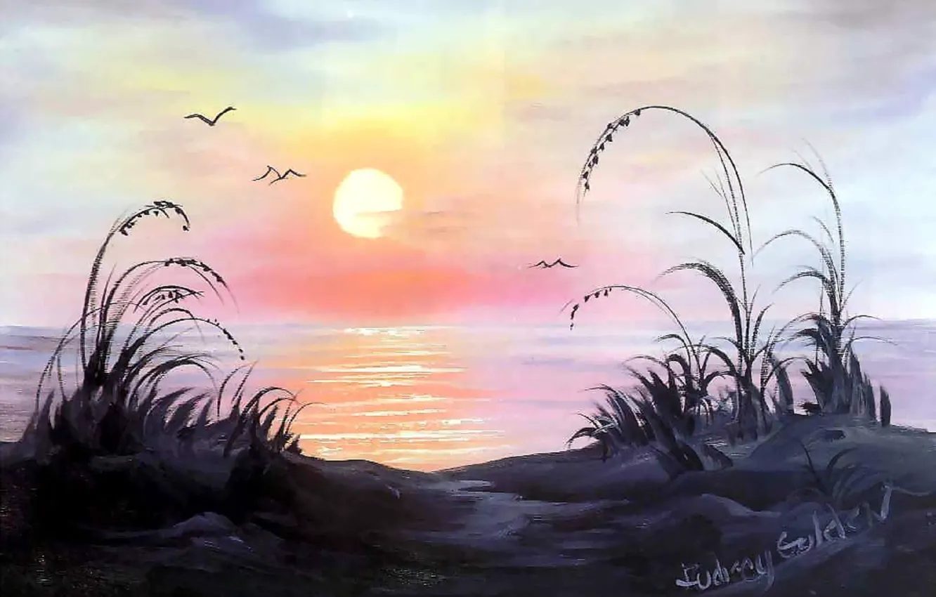 Photo wallpaper grass, water, the sun, birds, sunrise, the ocean, shore, picture
