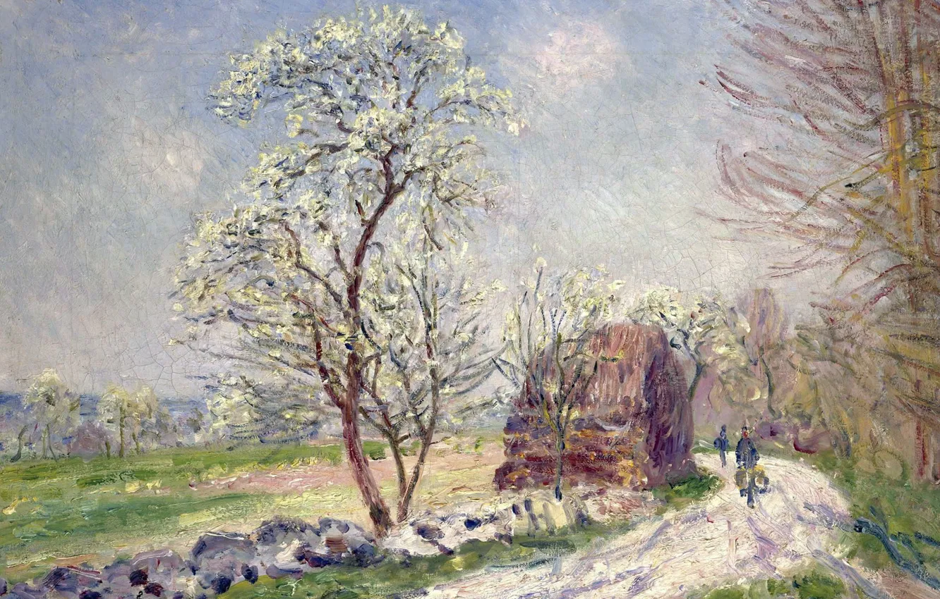 Photo wallpaper road, picture, spring, Alfred Sisley, Alfred Sisley, Landscape with Flowering Trees