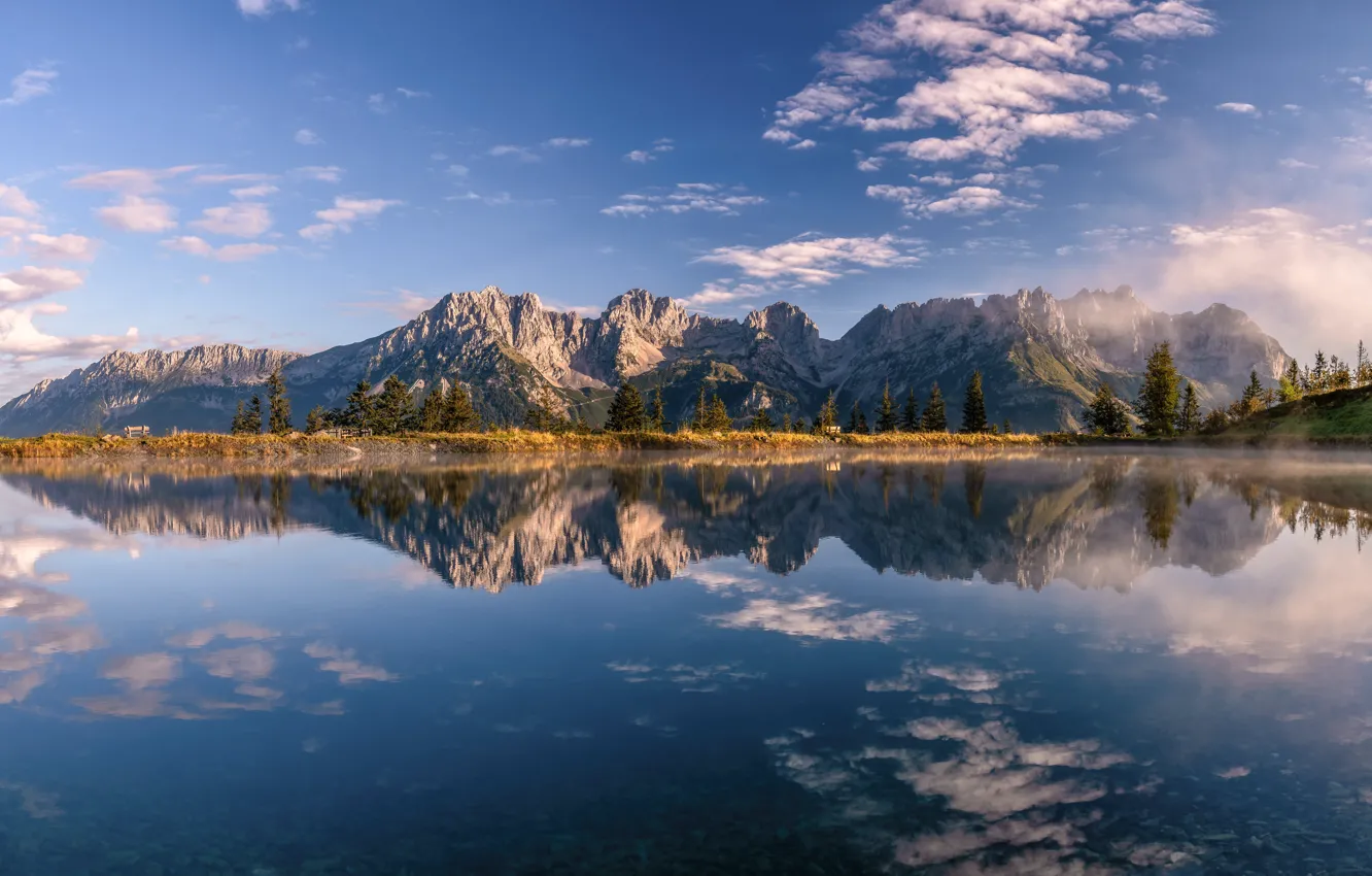Photo wallpaper mountains, lake, reflection, Austria, Austria, Tyrol, Tyrol, Wilder Kaiser
