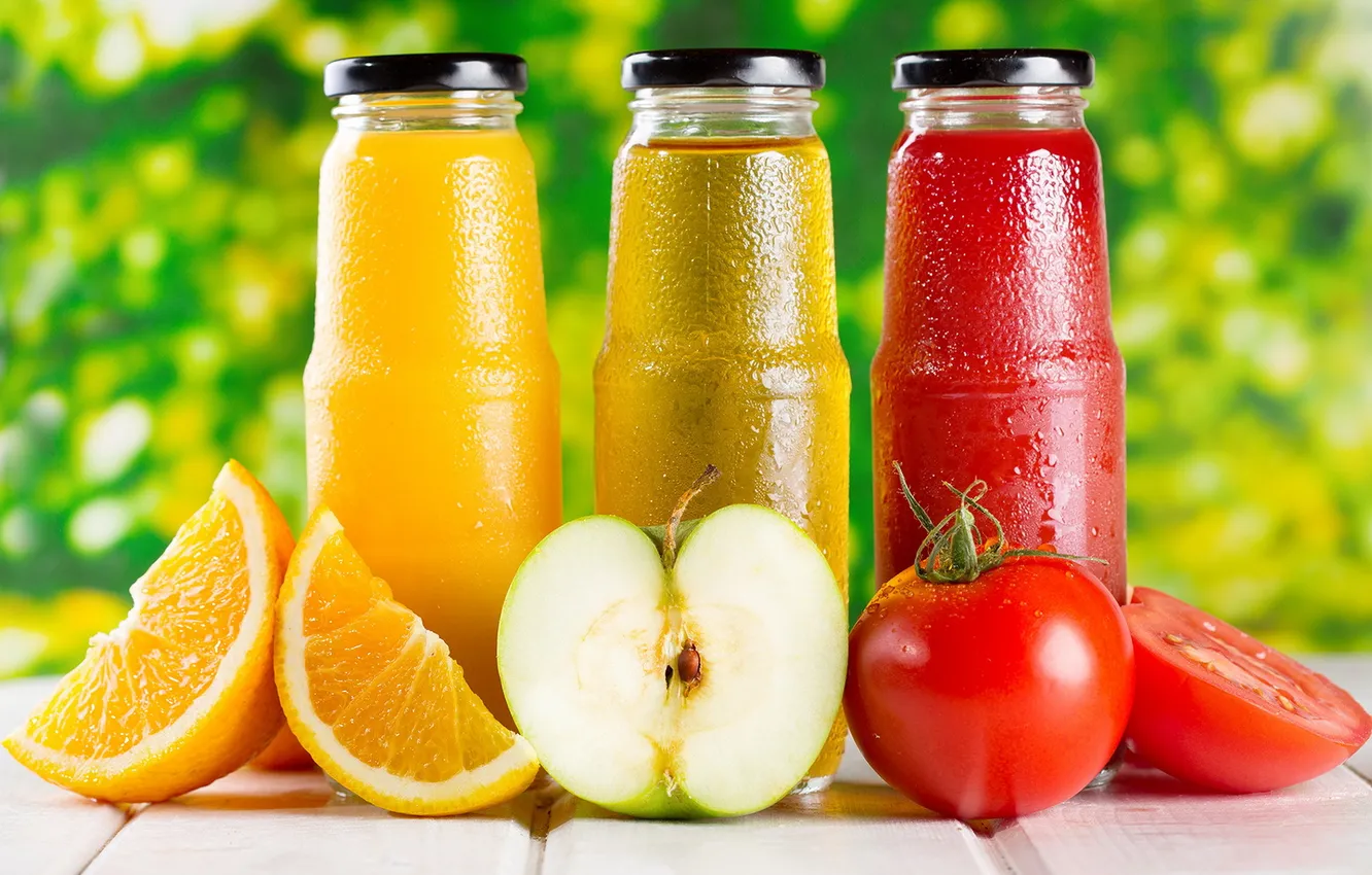 Photo wallpaper Apple, orange, juice, tomato, bottle