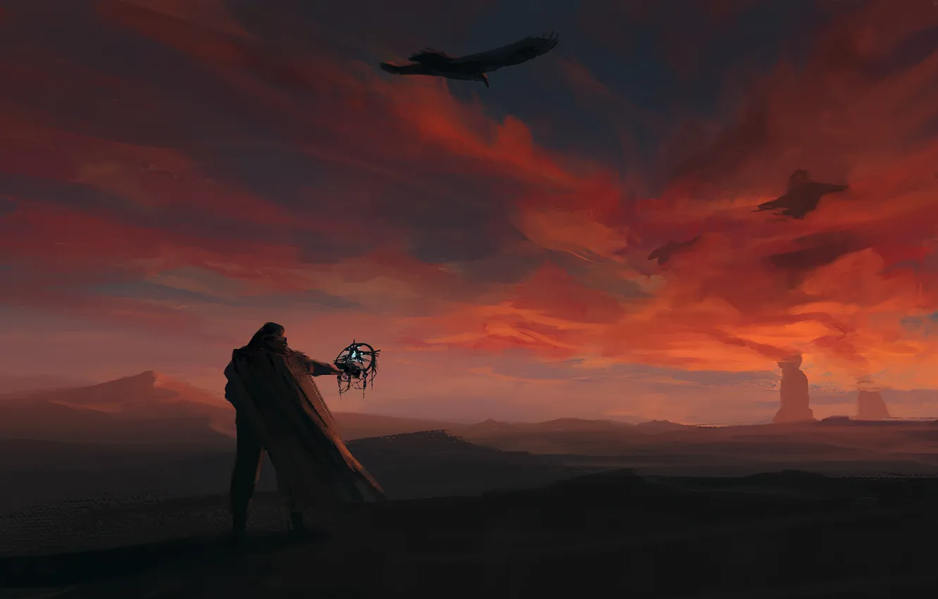 Photo wallpaper the sky, fiction, bird, people, art, device, cloak