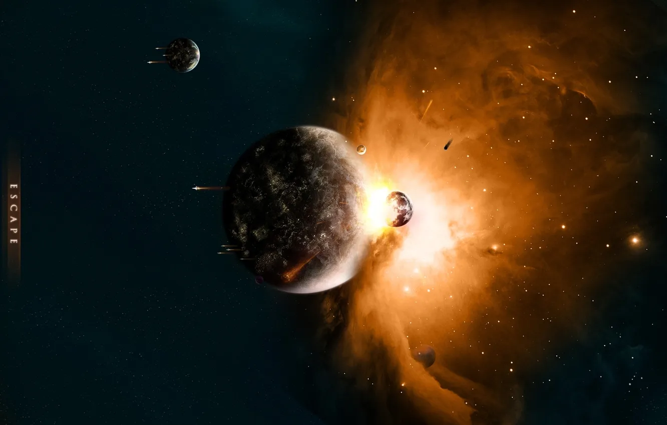 Photo wallpaper planet, satellite, disaster, asteroids, blow, starship, impact