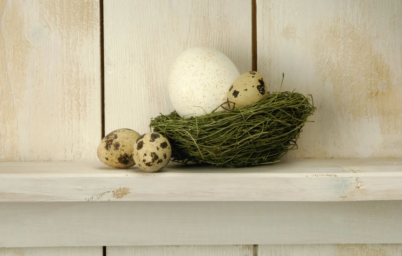 Photo wallpaper basket, eggs, Easter, shelves