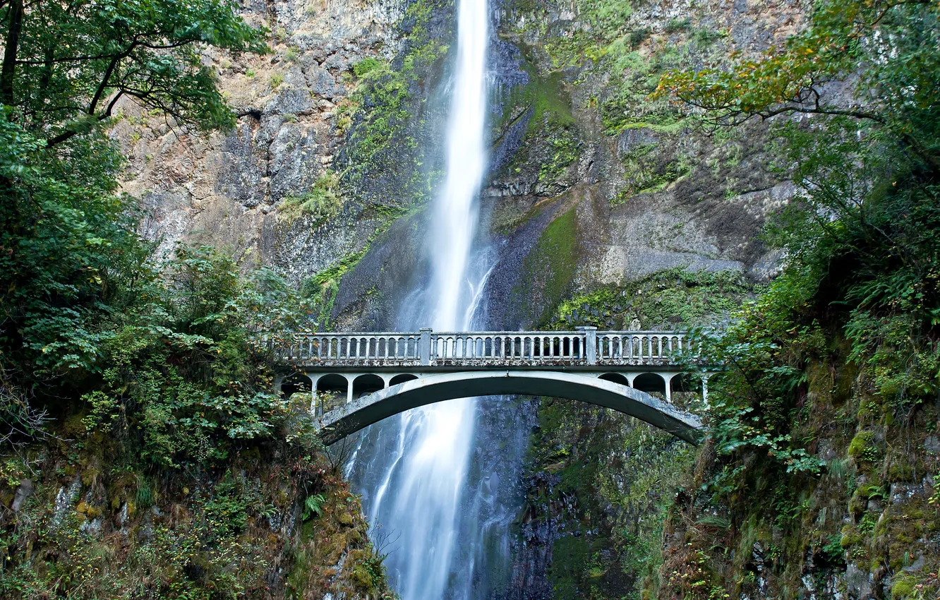 Photo wallpaper bridge, rock, waterfall, USA, Oregon, Multnomah falls
