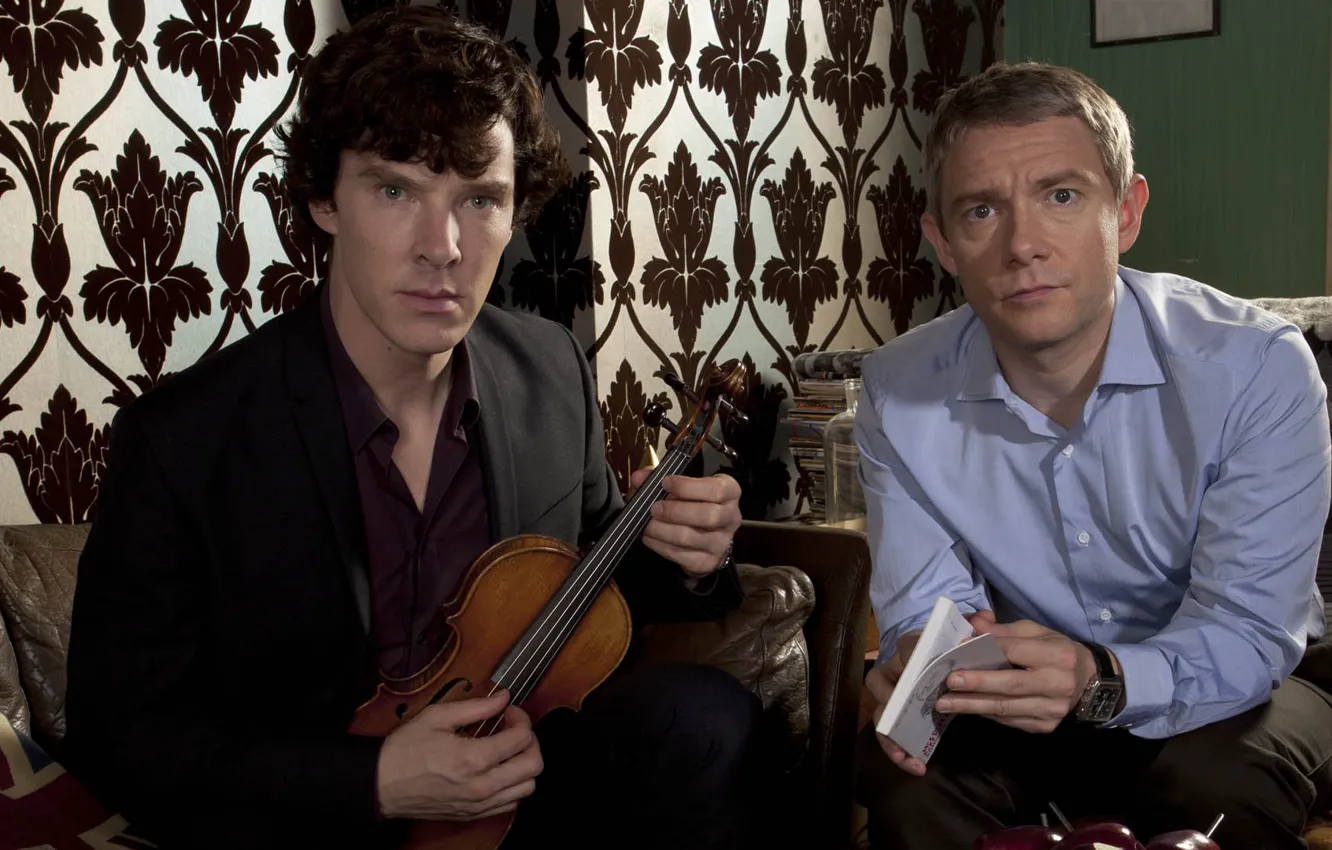 Photo wallpaper room, violin, book, Martin Freeman, Benedict Cumberbatch, Sherlock, Sherlock BBC, Sherlock Holmes