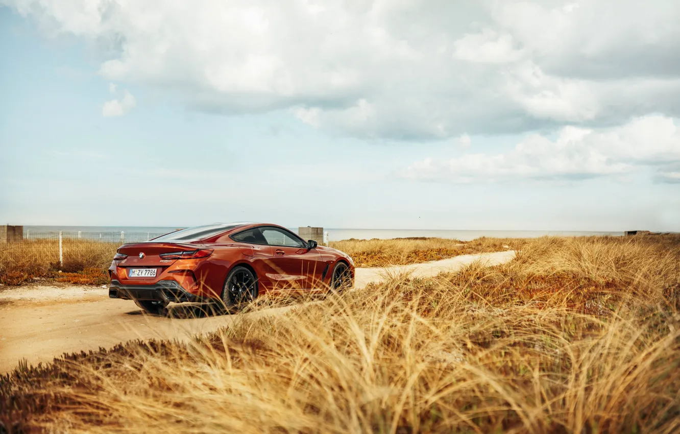 Photo wallpaper grass, coast, coupe, BMW, Coupe, 2018, 8-Series, dark orange