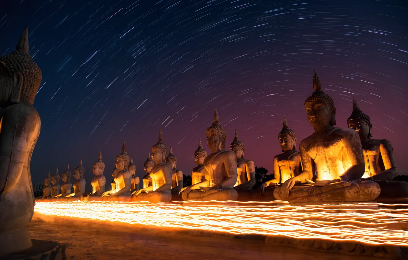 Photo wallpaper the sky, stars, night, Thailand, Star Trails, Thailand, sky, Buddha