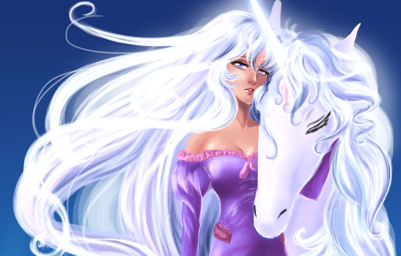 Photo wallpaper look, girl, face, horse, mane, unicorn, white hair