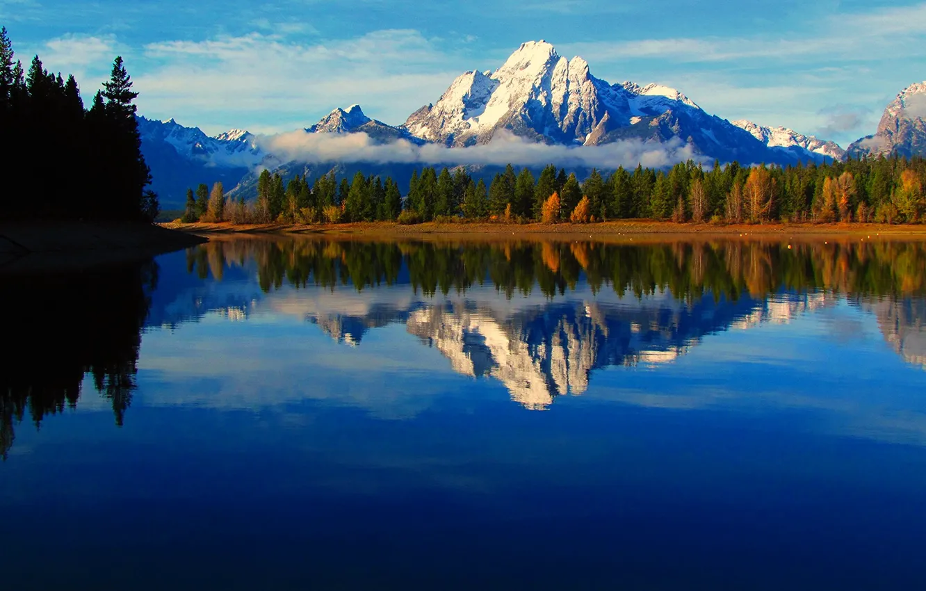 Photo wallpaper autumn, the sky, clouds, trees, mountains, fog, lake, reflection
