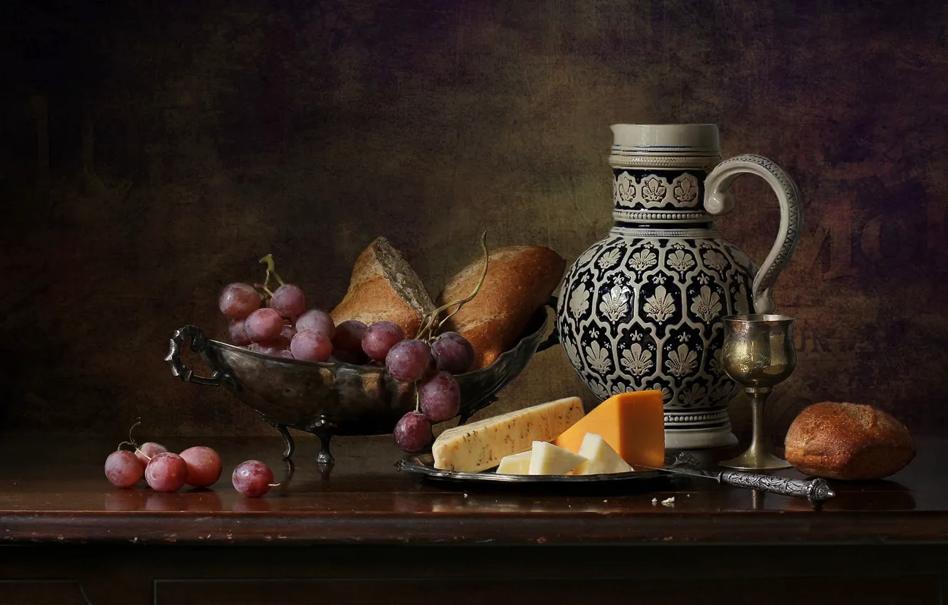 Photo wallpaper cheese, grapes, pear, pitcher