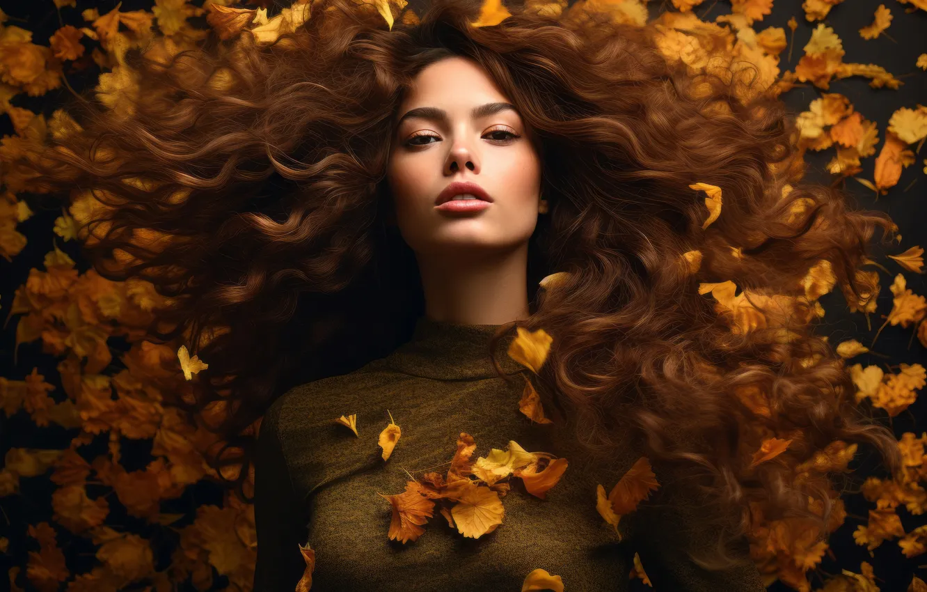 Photo wallpaper autumn, look, girl, nature, face, foliage, portrait, lies