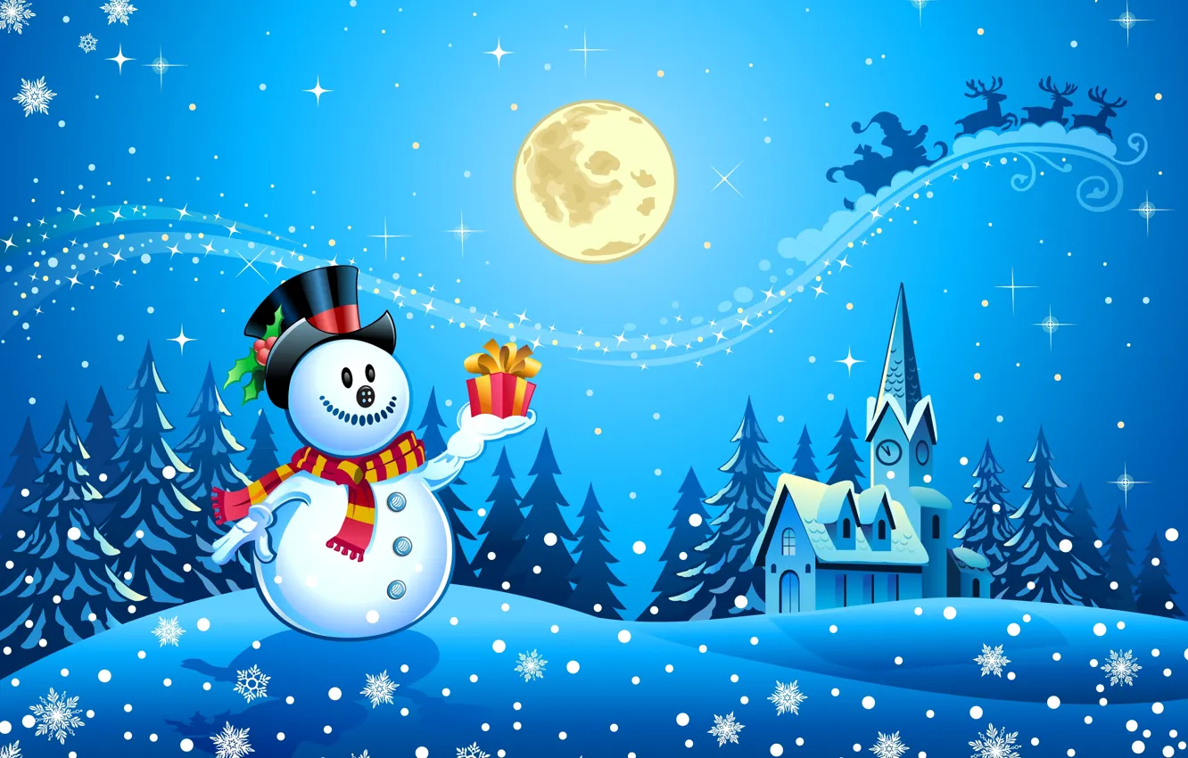 Photo wallpaper snow, trees, snowflakes, watch, new year, home, scarf, snowman
