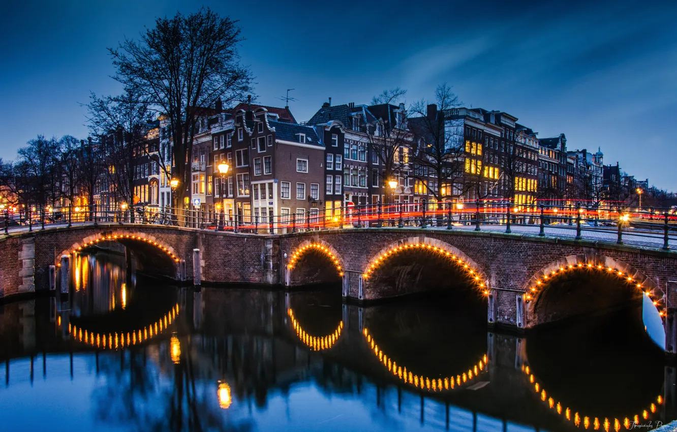 Photo wallpaper bridge, lights, home, the evening, excerpt, Amsterdam, channel, Netherlands