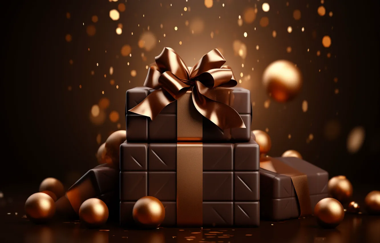 Photo wallpaper balls, the dark background, gift, new year, chocolate, Christmas, gold, gold plated