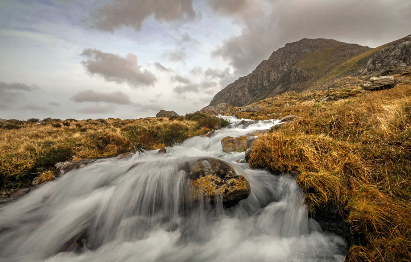 Photo wallpaper stones, river, Wales, stream, Trifan, mountains
