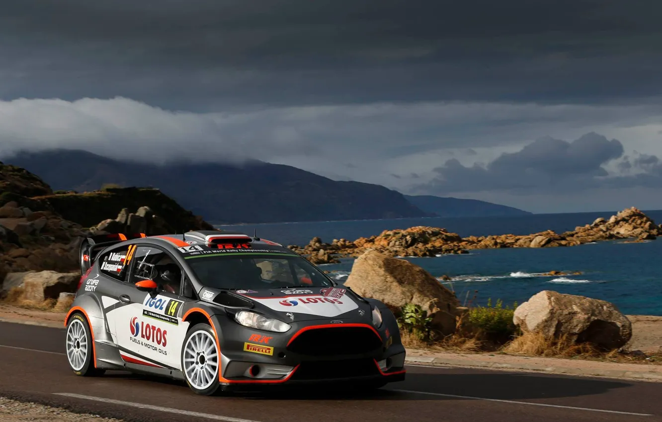 Photo wallpaper Ford, Sea, Mountains, Clouds, WRC, France, Rally, Rally