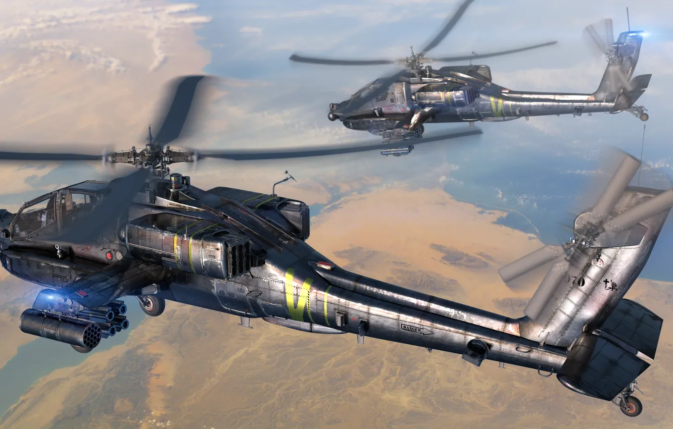 Photo wallpaper the sky, earth, art, combat, helicopters, AH-64, U.S., &ampquot;Apache&ampquot;