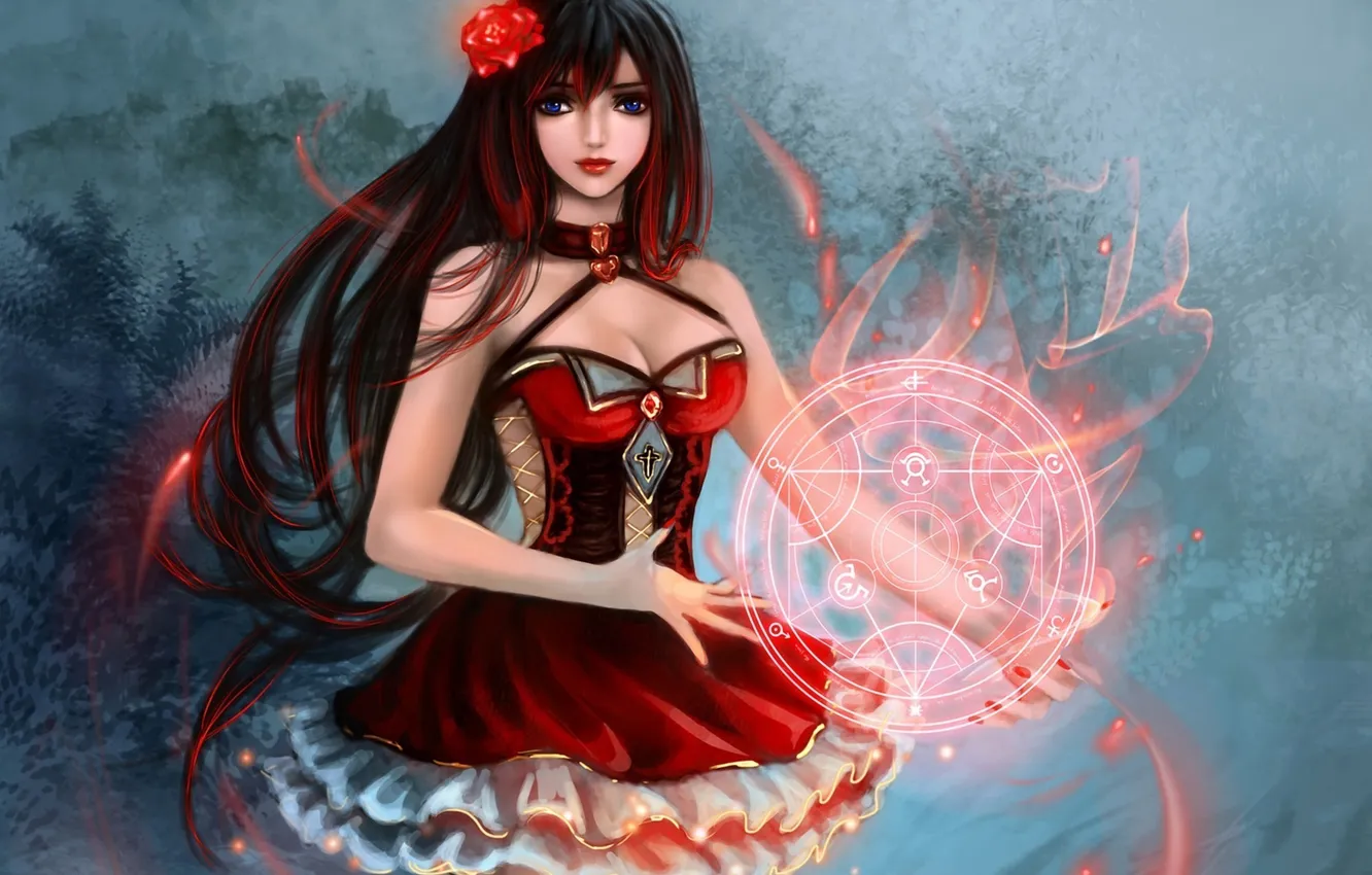 Photo wallpaper girl, flowers, roses, art, in red, pentagram, Fullmetal Alchemist, Ayumi