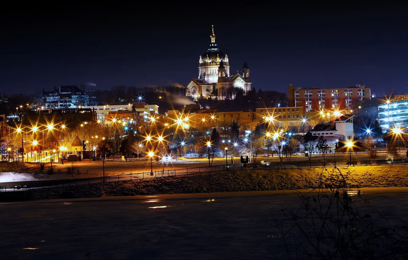 Photo wallpaper light, river, Cathedral, architecture, Mn