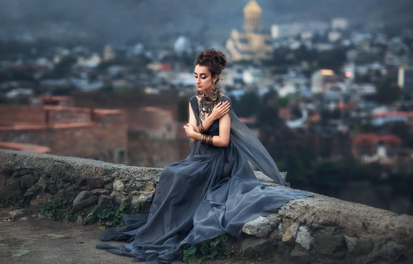 Photo wallpaper look, girl, decoration, the city, pose, model, dress, hairstyle