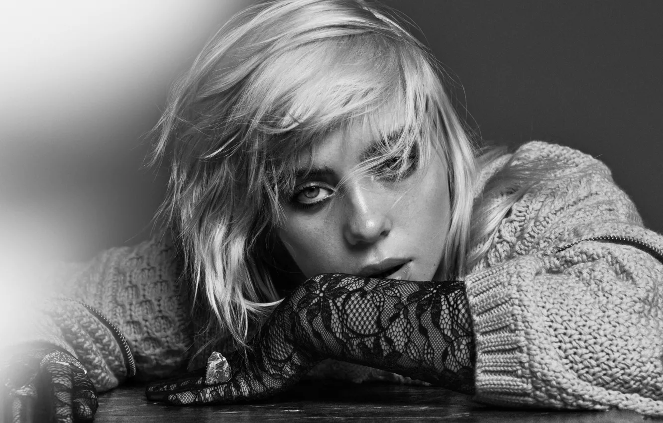 Photo wallpaper girk, singer, Billie Eilish, black&white, monochrome, look