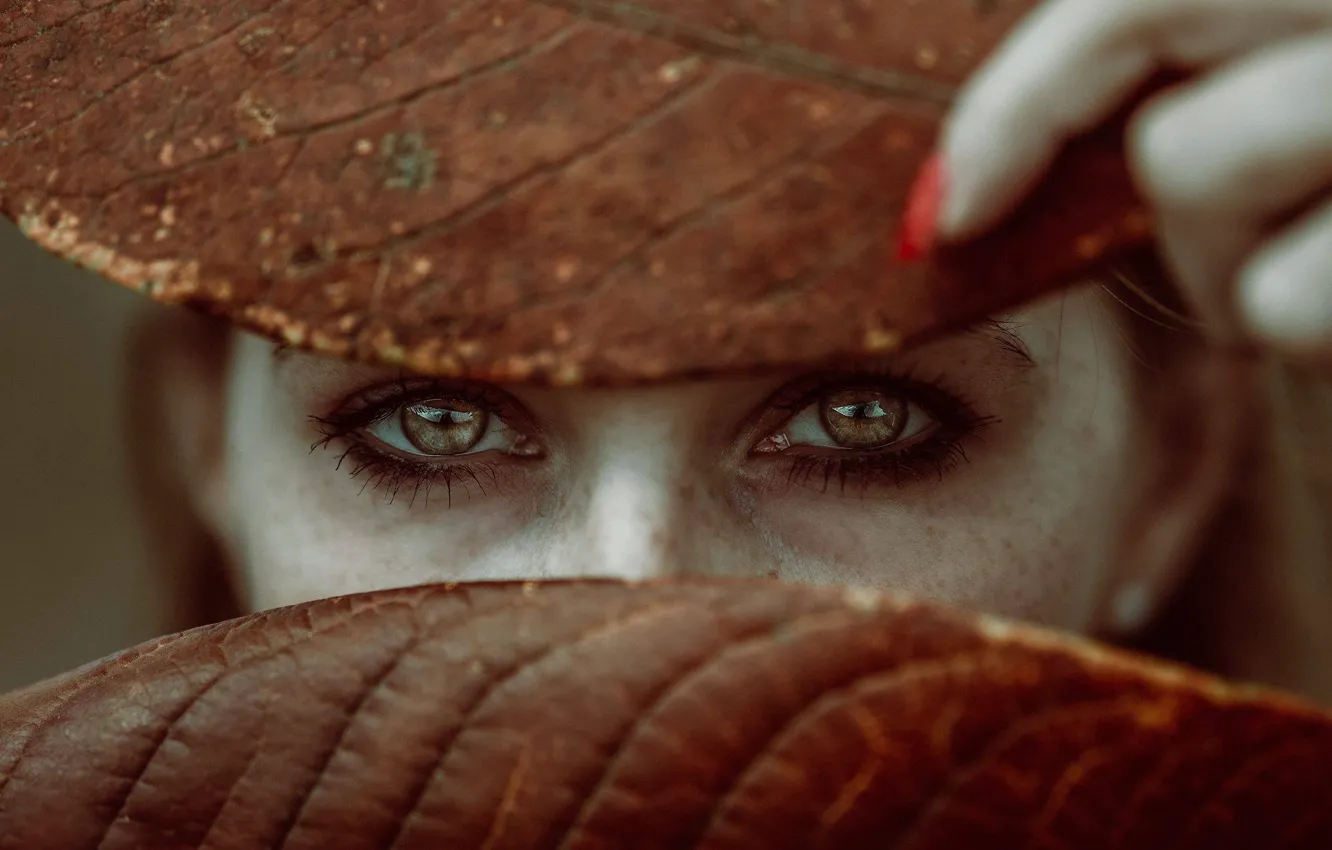 Photo wallpaper eyes, look, leaves, girl, face, mood, freckles, fingers